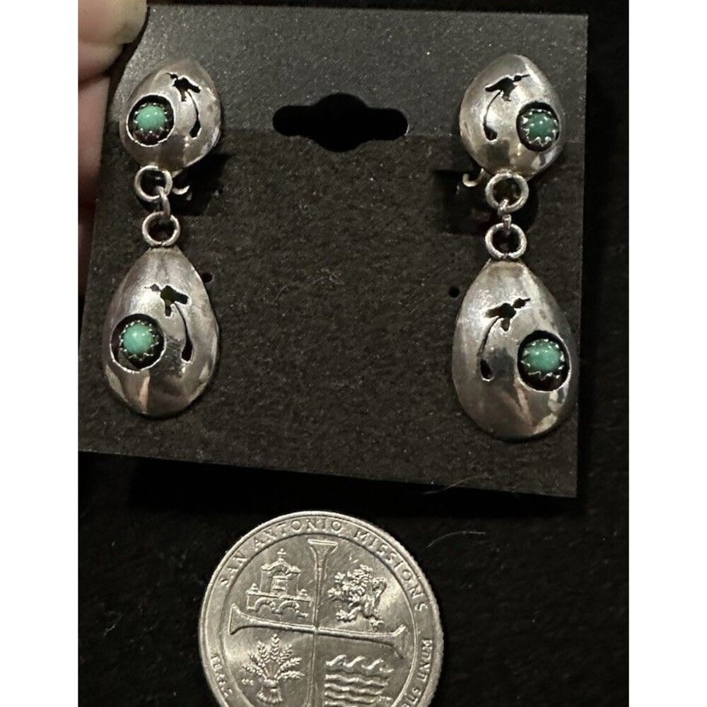 Southwestern Sterling Silver Cut Out Drop Turquoise Clip On Earrings